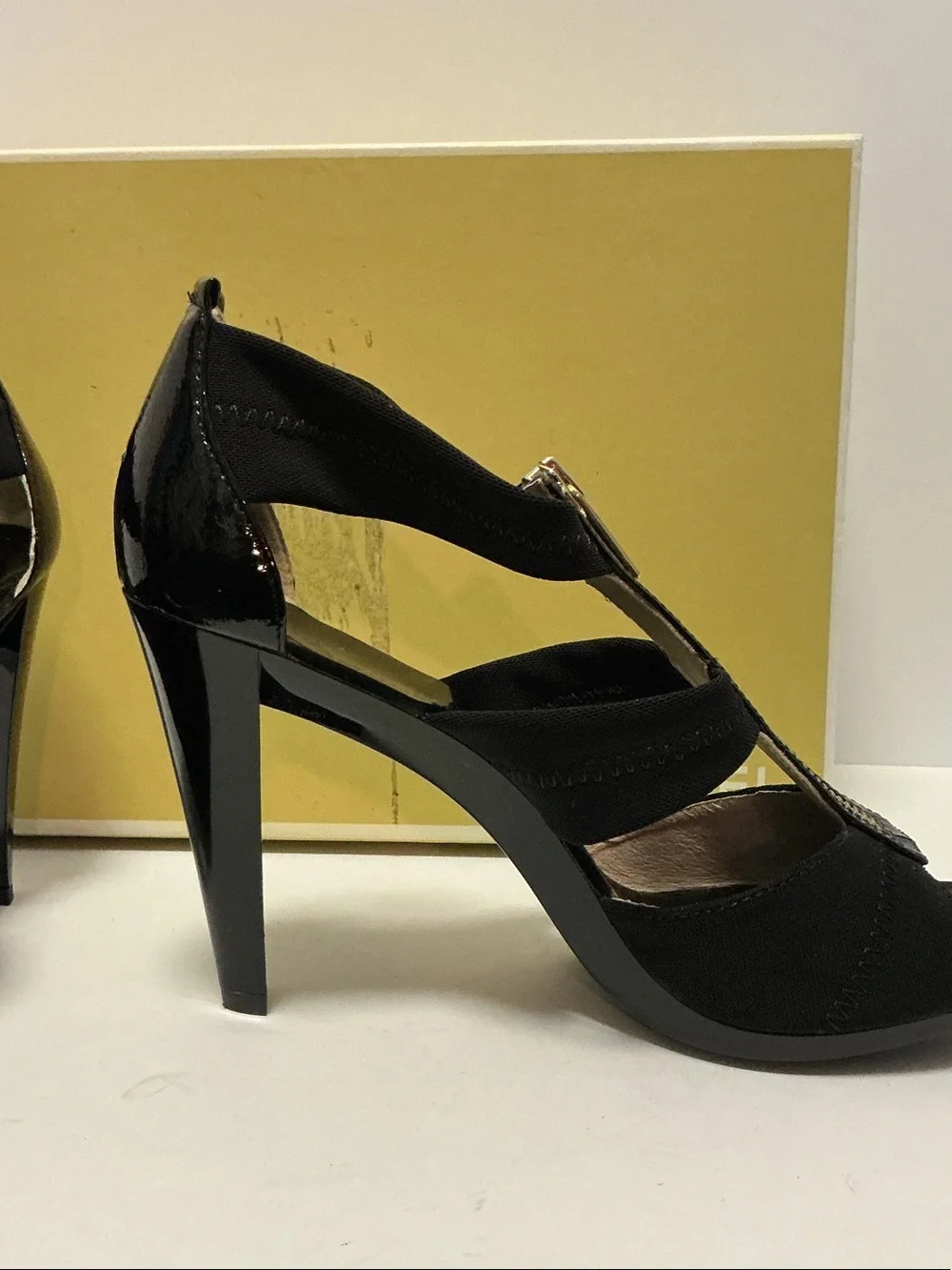 Michael Kors Black Patent and Gold Zip Front Heels